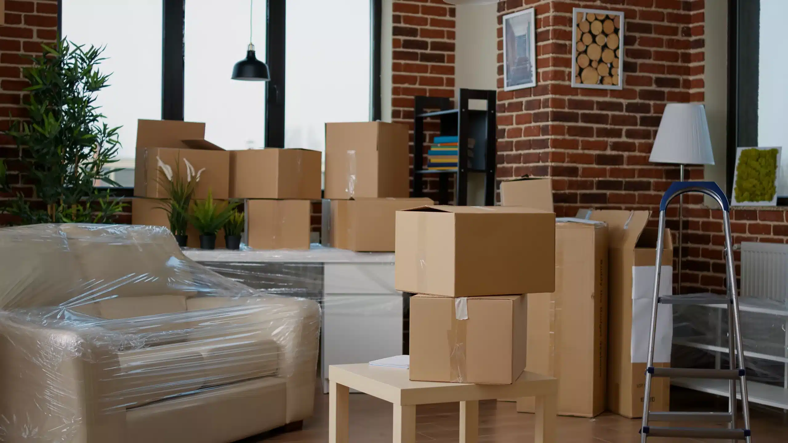 nobody empty living room with cardboard packaging new home furniture things stack carton boxes no people household property with package cargo move real estate scaled
